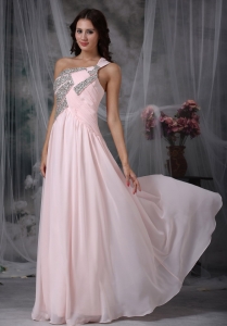Silver Beads Baby Pink One Shoulder Evening Dress