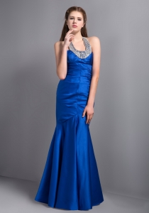 Blue Mermaid Halter Beading Pageant Evening Dress