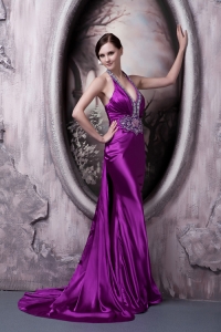 Brush Train Eggplant Purple Halter Beaded Prom Evening Dress