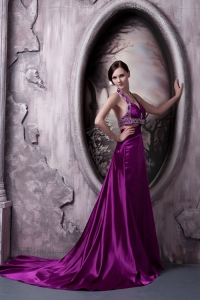 Eggplant Purple Halter Court Train Beaded Prom Evening Dress