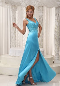 High Slit Aqua Blue Pageant Dress with Straps and Beading