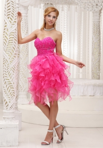 Ruffle Sweetheart Hot pink Beaded Prom Cocktail Dress