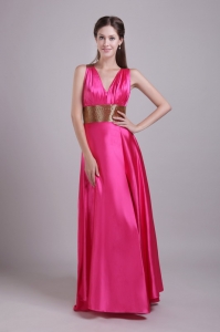 V-neck Hot Pink Evening Celebrity Dress With Sash