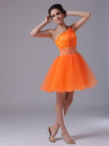 Orange Beaded One Shoulder Mini-length Cocktail Dress