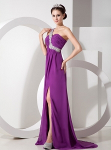 One Shoulder Purple Beading Side Slit Prom Pageant Dress