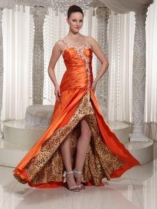 High Slit One Shoulder Appliques Orange Beaded Evening Dress