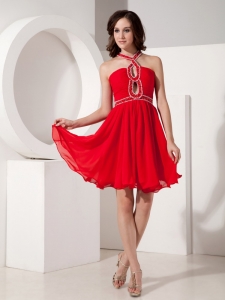 Red Halter-top Mini-length Beading Prom Graduation Dress