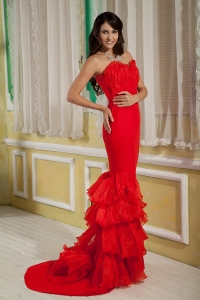 Sweetheart Brush Train Red Mermaid Prom Evening Dress