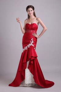 Wine Red Mermaid Applique Beading Prom Evening Dress