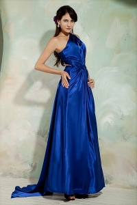 One Shoulder Royal Blue Prom Evening Dress with Ruch