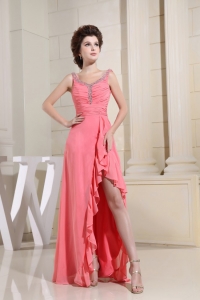 High-low Ruched Beading Prom Dress In Watermelon