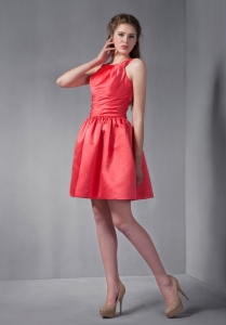 Scoop Red A-line Mini-length Ruched Prom Graduation Dress