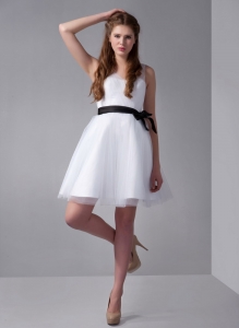 White V-neck Mini-length Prom Dress with Black Bow