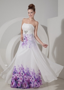 White Strapless Floor-length Printing Beading Pageant Dress