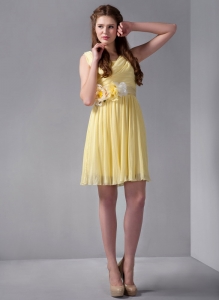 Yellow V-neck Mini-length Chiffon Prom Dress Hand Made Flower