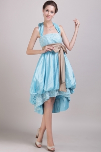 Aqua Blue A-Line / Princess Halter High-low Bowknot Prom Dress