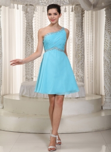 Aqua One Shoulder Mini-length Beading Prom Dress