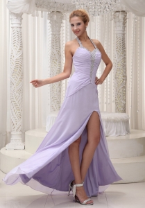 Halter Ruched Lilac High Slit Beaded Pageant Dress Chiffon