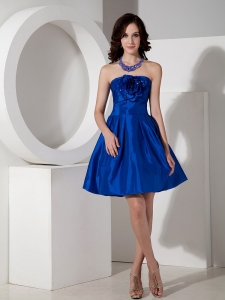 Blue Strapless Hand Flowers Prom Dress Mini-length