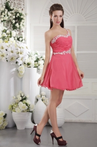 One Shoulder Coral Red Appliques Ruch Cocktail Dresses
