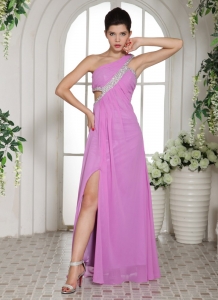 Slit Lavender One Shoulder Prom Celebrity Dress Ruch Beading