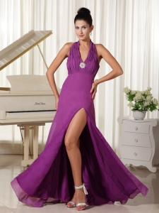 Halter High Slit Purple Evening Dress Floor-length