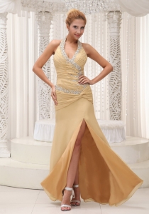 High Slit Beaded Halter Ruched Champagne Pageant Dress