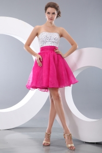 Beaded Hot Pink Strapless Mini-length Organza Prom Dresses
