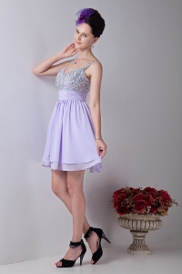 Straps Mini-length Chiffon Beading Lilac Homecoming Dress