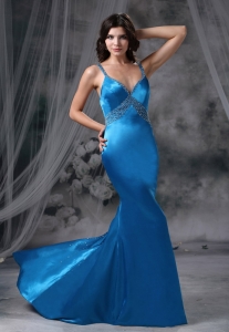 Mermaid Blue Beaded Decorate Straps Bust Prom Evening Dress