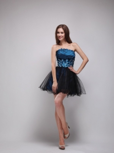 Navy Blue and Black Strapless Mini-length Prom Dress
