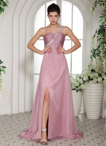 One Shoulder High Slit Lavender Celebrity Dress Beading