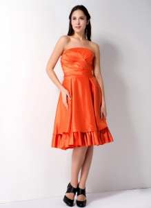 Strapless Orange A-line Knee-length Ruch Cocktail Dress