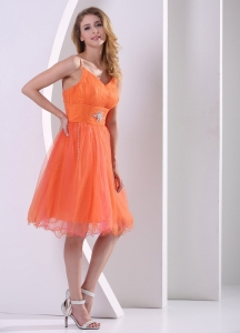 Orange Red Spagetti Straps Cocktail Dresses With Beding Ruch