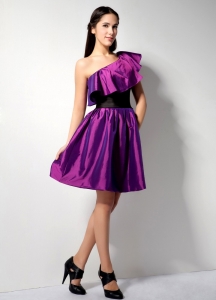 One Shoulder Purple A-line Knee-length Belt Cocktail Dress