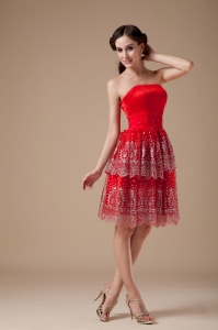 Strapless Knee-length Taffeta Beading Prom Dresses Red