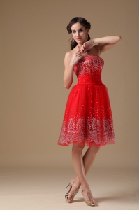Red A-line Prom Holiday Dresses Strapless Taffeta Organza