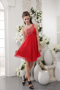 One Shoulder Short Chiffon Red Beaded Cocktail Holiday Dresses