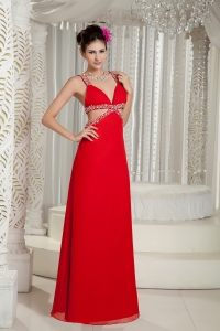 Straps Floor-length Evening Dress Beading Red
