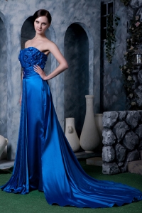 Beaded Royal Blue Watteau Train Strapless Evening Pageant Dress