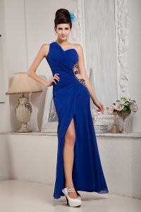 Royal Blue One Shoulder Chiffon Ruch Prom Evening Dress