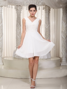 White V-neck Prom Graduation Dress MIni-length