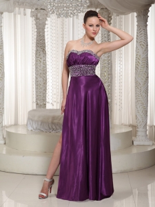 High Slit Sweetheart Eggplant Purple Beaded Pageant Evening Dress
