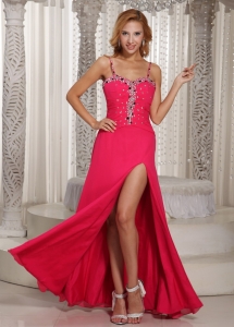 High Slit Beaded Spaghetti Straps Coral Red Evening Dress