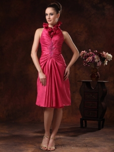 Beaded Ruched Hot Pink Halter Prom Graduation Dress