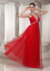 Long Prom Pageant Dress With V-neck Red Chiffon