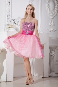 Pink Strapless Taffeta Organza Beading Homecoming Dress