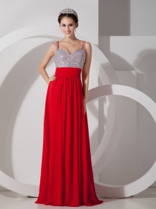 Red Empire Prom Pageant Dress Straps Chiffon Beading