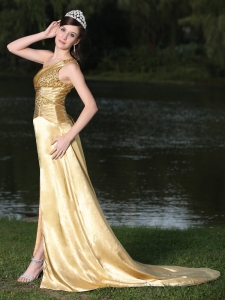 Gold Pageant Celebrity Dress One Shoulder Beaded