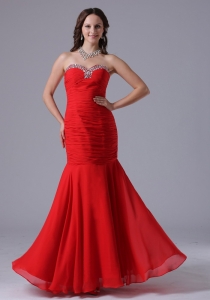 Red Mermaid Pageant Evening Dress Beading Ruch